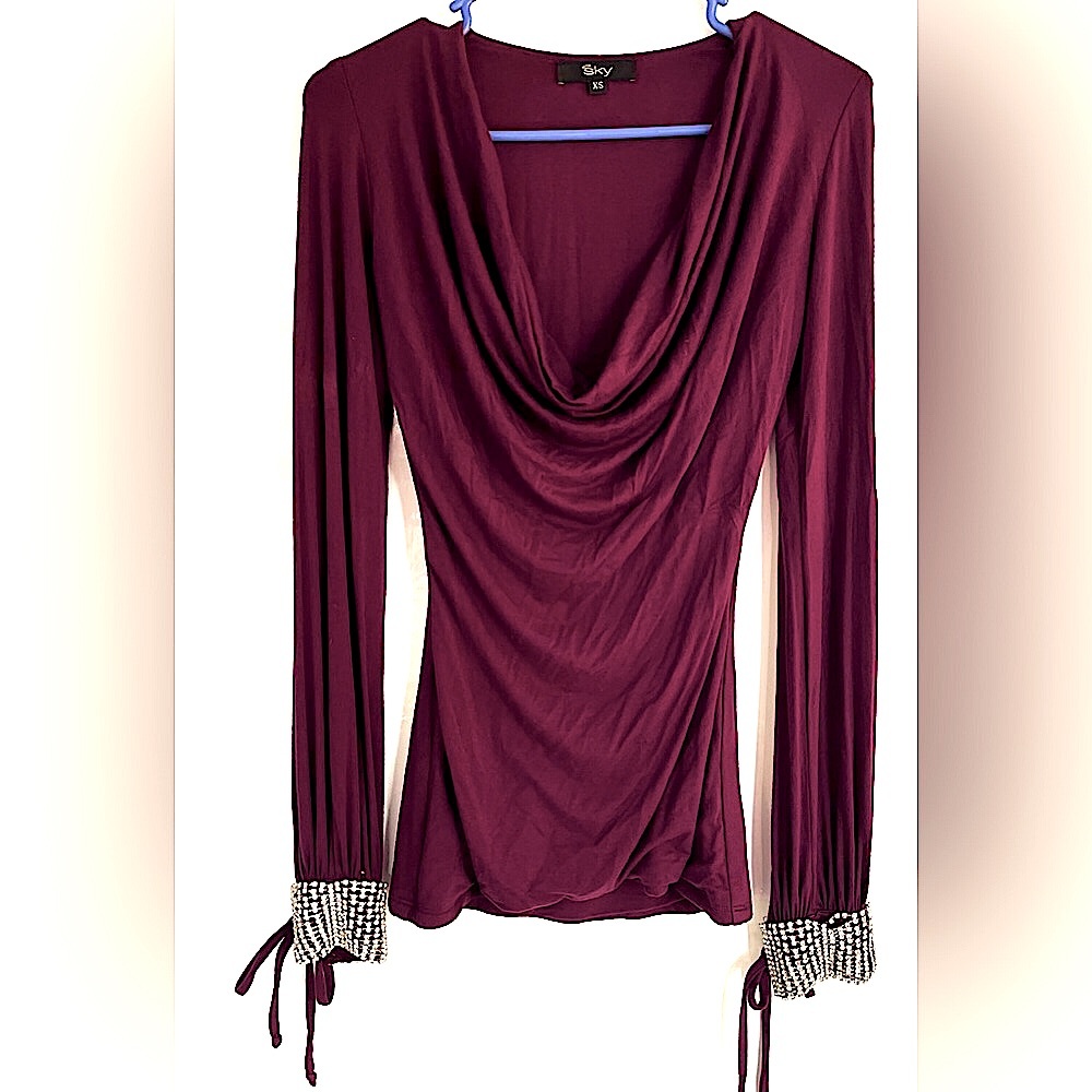 Sky Women's Burgundy Cowl Neck Rhinestone Cuff Top